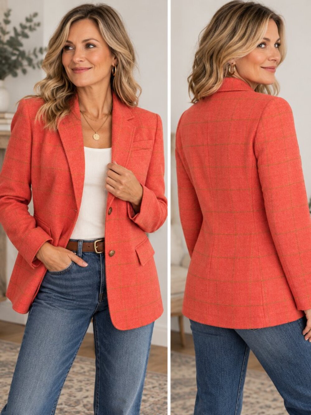Lands’ End 100% Wool Plaid Blazer Jacket Salmon Orange Size 14 Preppy